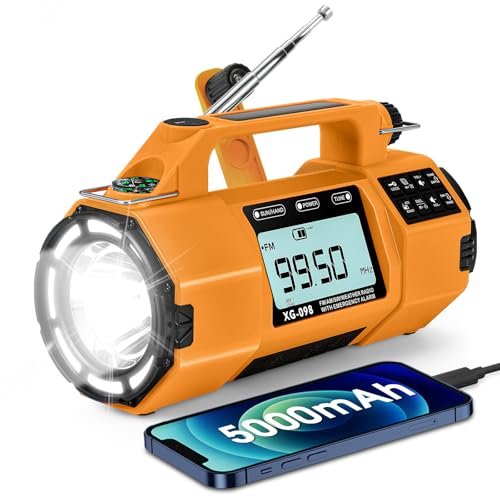 Rcksksya Emergency Weather Alert Radio FM/AM/SW/NOAA, Hand Crank Radio with Replaceable Battery, Solar Powered/USB-C Charging, SOS Alarm, Headphone Jack, Sleep Timer Clock for Emergencies