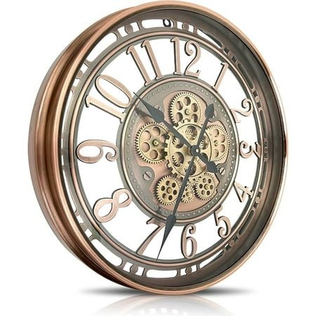 Real Moving Gears Wall Clock Large Modern Metal Clocks for Living Room Decor, Industrial Steampunk Unique Vintage Rustic Decorative Clock for Home Farmhouse Office, 21 Inch Red Copper Arabic