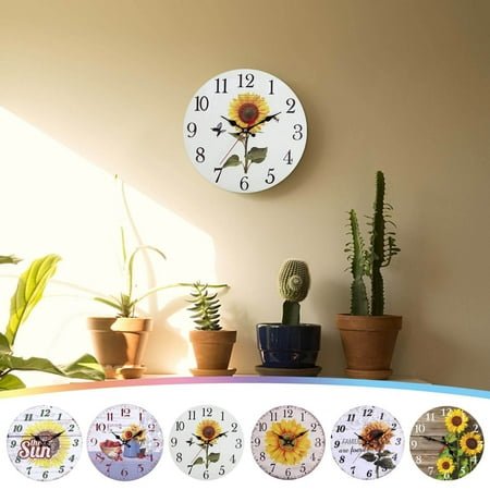 Reduce!Herrnalise 12 Inch Beautiful Sunflower Wall Clock, Vintage Country Floral Silent Non Ticking Clocks, Wooden Round Easy to Read Wall Clock for Kitchen/Living Room/Bedroom/Bathroom