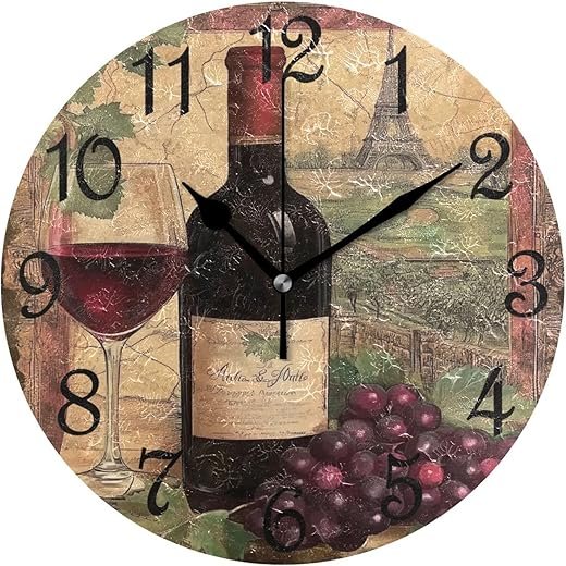 Red Wine Glass Leaf Grapes Pattern Round Wall Clock Silent Non Ticking Bathroom Clocks 10 Inch Battery Operated Clock for Kitchen Living Room Bedroom Home Decor