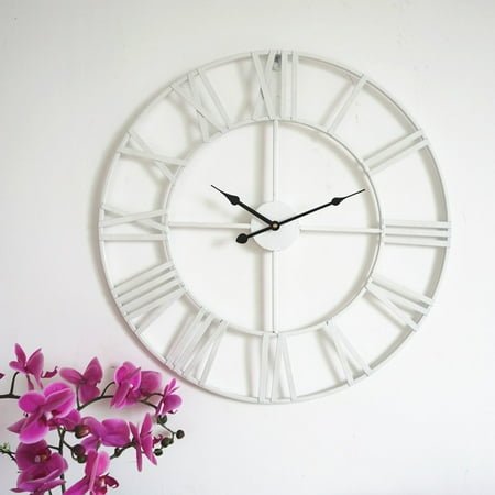 RENACLIPY White Wrought Iron Wall Clock with Roman Numerals Silent Design for Office Home Decor