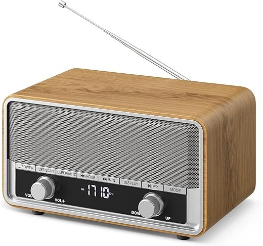 Retro AM FM Radio Plug in Wall, Digital Clock Radio for Bedroom with LCD Display| 40 Presets | Sleep Timer | No Alarm, Retro Bluetooth Speaker for Office,Great Gift Wood