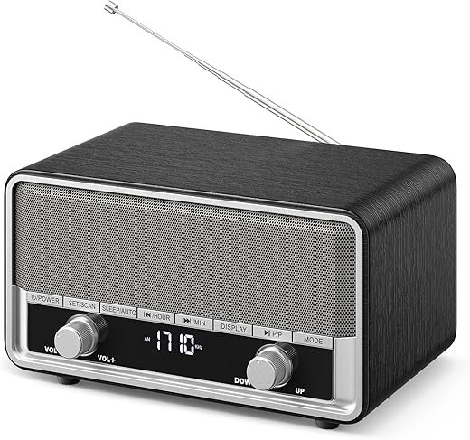 Retro AM FM Radio Plug in Wall, Digital Clock Radio for Bedroom with LCD Display| 40 Presets | Sleep Timer | No Alarm, Retro Bluetooth Speaker for Office,Kitchen Black