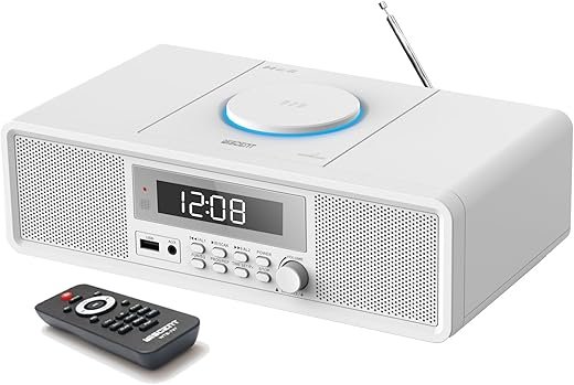 Retro Bluetooth CD Player with Alarm Clock & FM Radio - 20W Stereo Speakers, Top-Loading Design, Dual Alarms, USB/AUX Input, Remote Control - for Bedroom, Home & Office