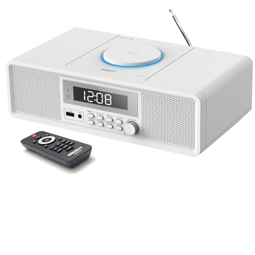 Retro Bluetooth CD Player with Alarm Clock & FM Radio - 20W Stereo Speakers, Top-Loading Design, Dual Alarms, USB/AUX Input, Remote Control - for Bedroom, Home & Office