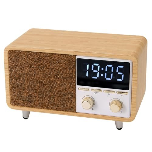 Retro Bluetooth Speaker Clock Radio with Fabric Grille&Wood Finish,Vintage FM Radio with Dual Alarm,Dimmable LED Display for Bedroom Nightstand,Office Desk,Loud Sound,Rechargeable,Knob Control ,TF&AUX