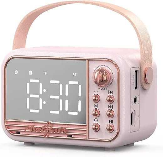 Retro Bluetooth Speaker, Vintage Portable Wireless Bluetooth Speakers with Alarm Clock Loud Volume Support TF Card U Disk AUX Old Style for Kitchen Bedroom Home Outdoor (Pink)