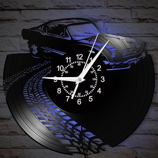 Retro Car Wall Clock, 12 Inch 7 Colors Luminous Garage Clock Silent Quartz Non Ticking Vintage Decorative Night Light LED Vinyl Record Car Themed Shop Clock for Car Shop Car Guy Gift
