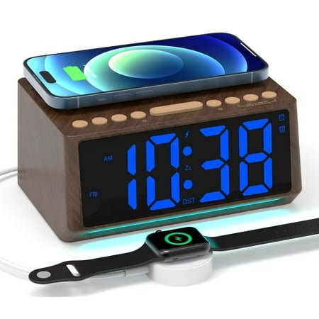 Retro Digital Alarm Clocks for Bedrooms with Large Numbers, Desk Clock with Wireless Charging Station, 7 Mood Lights, Dimmer, Snooze, 12/24H, Loud Alarm Clock for Heavy Sleepers Adults, Vintage Décor