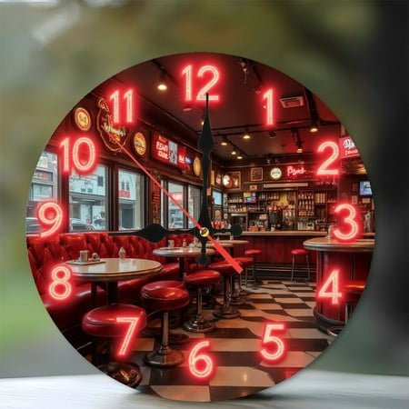 Retro Diner Neon Clock Wall Art Decor 10-Inch Silent Wooden Wall Clock, Battery Operated (AA Batteries Not Included), Artistic Home Decor