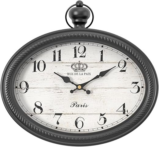 Retro Oval Wall Clock. Black Vintage Antique Style. Battery Operated Decor Wall Clocks for Farmhouse, Living Room,Kitchen,Bedroom,Bathroom (10.5" H x 11.3" W)