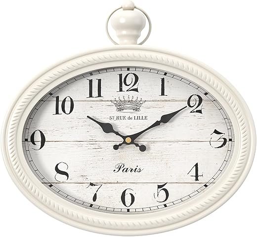 Retro Oval Wall Clock. White Vintage Antique Style. Battery Operated Decor Wall Clocks for Farmhouse, Living Room,Kitchen,Bedroom,Bathroom (10.5 H x 11.3 W)