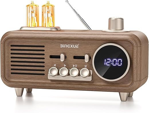Retro Radios FM Portable Bluetooth Speaker,12/24H Small Plug in Vintage Clock Radio with USB/AUX/TF Card for Kitchen/Bedroom/Desk/Shelf (Wood Grain)
