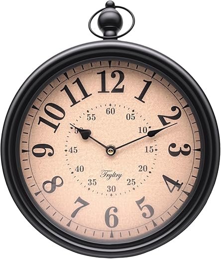 Retro Round Wall Clock Metal Vintage Antique Wall Clocks Battery Operated Old Design Style for Kitchen, Living Room or Office Black Round