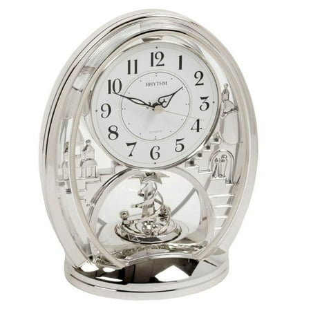 Rhythm Cont Mantel Clk Oval Silver/Arabic Dial/Rotating Pend