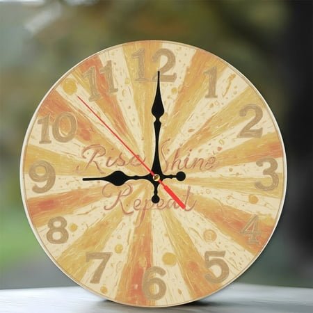 Rise Shine Repeat Wall Clock Orange Yellow Sunburst Decor 10-Inch Silent Wooden Wall Clock, Battery Operated (AA Batteries Not Included), Artistic Home Decor
