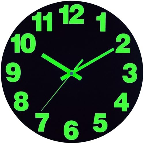 RIUKASIN Modern Wall Clock with Neon Green Numbers, 12-Hour Display, Black Background