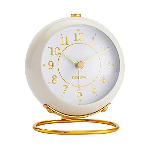rjuwurv Metal Desk Clock, Retro Bedroom Table Vintage Analog Alarm Clock, Silent Non-Ticking Gold Clock, Bedside Décor(Milk White)