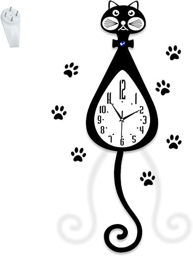 rnuie Pendulum Wall Clock Cat Decor,Battery Operated Silent Clock with Swinging Tail, Home Living Room,Bedroom,Kitchen Decor
