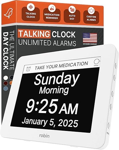 Robin Clock 2025 with Day and Date for Elderly, Clocks for Seniors, Dementia Clock, Digital Calendar Elderly, Bedside Clocks Seniors, Alzheimers Products, Dementia Clocks Extra Large, White