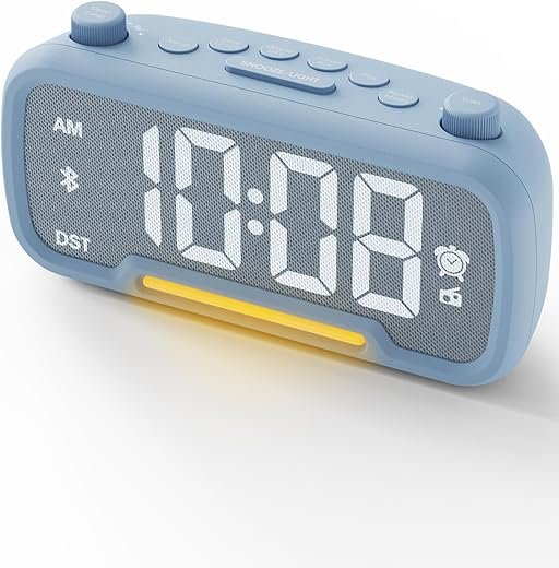 ROCAM Alarm Clock Radio for Bedrooms with Bluetooth Speaker, Auto-Off Timer, Dimmer, Battery Backup, Loud Alarm Clock for Heavy Sleepers with USB Ports Night