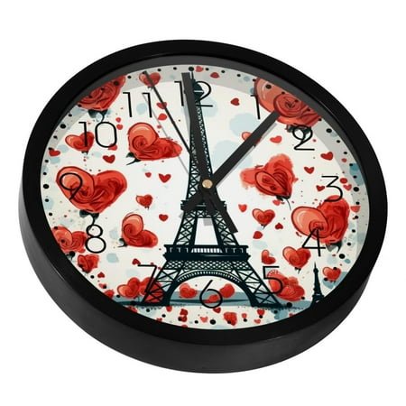 Romantic Eiffel Tower Red Heart Silent Wall Clock, Non Ticking Battery Operated 9.8 Inch Wall Clocks for Bedroom Kitchen Home Office School Art Decor