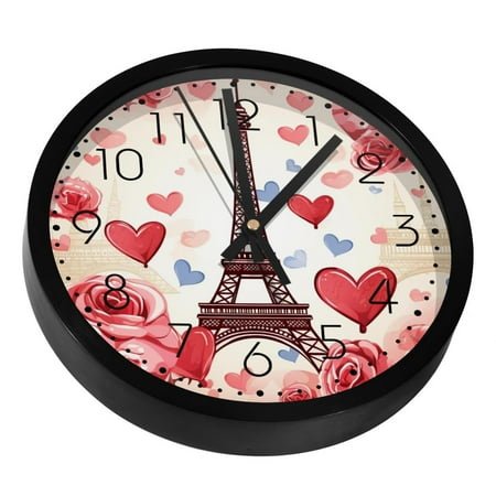 Romantic Eiffel Tower Red Heart Silent Wall Clock, Non Ticking Battery Operated 9.8 Inch Wall Clocks for Bedroom Kitchen Home Office School Art Decor