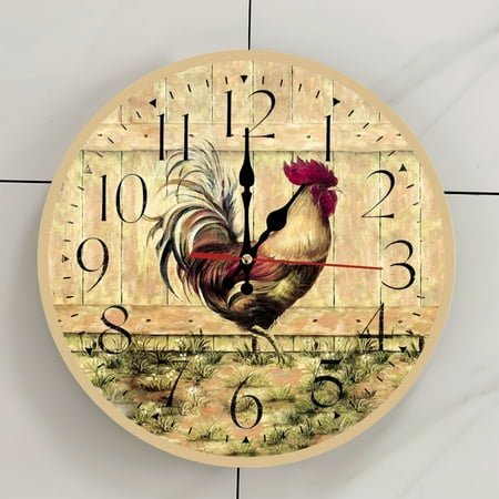 Rooster retro style Wall Clock - 12 Inch Wooden Art Hanging Clock, Silent Non-Ticking, Battery Operated, Round Home Decorative Clock With Arabic Numerals ,Morning Crowing: Rooster Clock Rhyme
