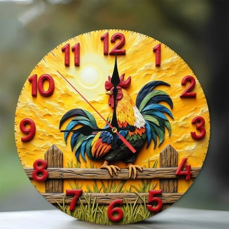Rooster Wall Clock Farm Animal Sunrise Relief Handcrafted Rustic Decor 10-Inch Silent Wooden Wall Clock, Battery Operated (AA Batteries Not Included), Artistic Home Decor
