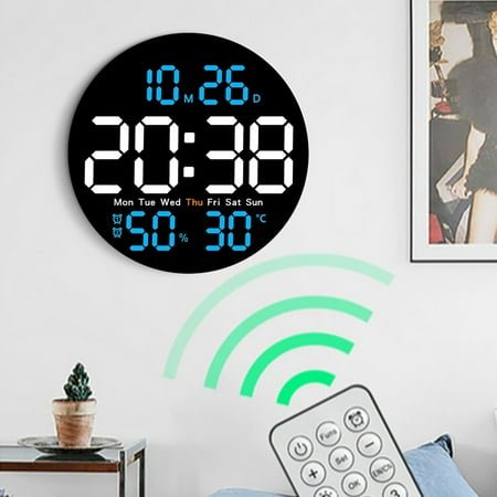 Round Clock Digital Wall Clock Large Display, Temperature and Humidity Meter Clock, Date and Temperature Humidity Sensing, Kitchen Digital Display Alarm Clock, for Home and Office Use