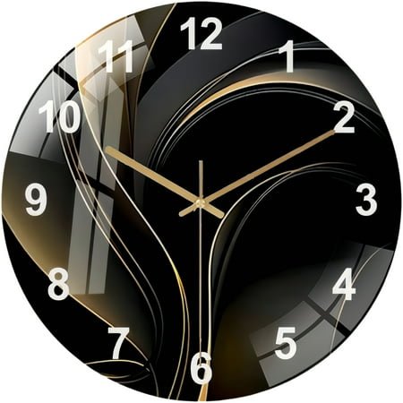 Round Glass Wall Clock, Glass Abstract Wall Clock Wall Art, Geometric Dark Tempered Glass Wall Clock , Modern Housewarming Gift, Unique Black And Gold Home Decor Style 12×12inch
