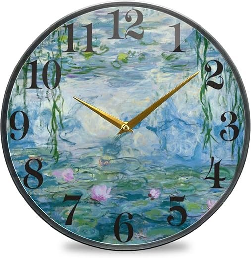 Round Wall Clock Water Lilies Claude Monet Oil Paintings Flowers Silent Non Ticking 12 Inch Quality Quartz Battery Operated Desk Clock for Home,Office,Kitchen