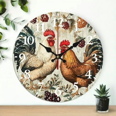 Round Wooden Wall Clock for Home Decor, chicken roosters berries Print, Wall Decor for Linving Room, Perfect for Living Room, Dorm, Bedroom, Kitchen, Home Office & More, Wall Clock Living Room