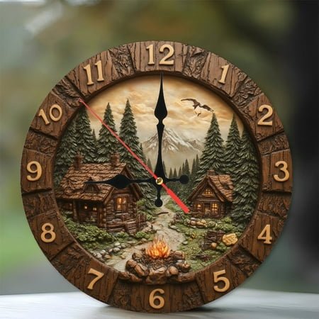Rustic Cabin Mountain Scene Wall Clock Wood Log Cabin Home Decor 10-Inch Silent Wooden Wall Clock, Battery Operated (AA Batteries Not Included), Artistic Home Decor