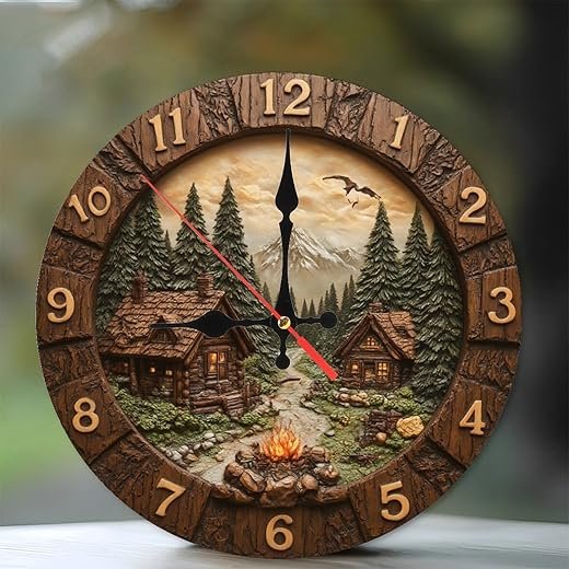 Rustic Cabin Mountain Scene Wall Clock Wood Log Cabin Home Decor 10-Inch Wooden Wall Clock, Silent Movement, Battery Operated (AA Batteries Not Included), Artistic Home Decor, Perfect for Home Accents