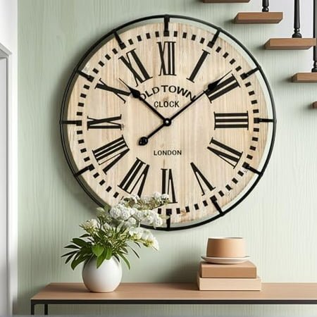 Rustic Farmhouse Wall Clock 24 Inch, Vintage Oldtown London Wooden Large Clock with Silent Tick, for Bedroom, Office, Kitchen, Indoor Home Decoration$$Home Decor, Kitchen, & Other