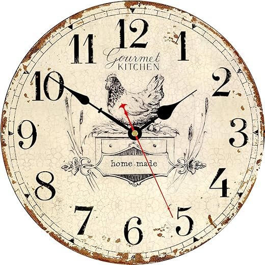 Rustic Wall Clock French Country Vintage 14 Inch Battery Operated Silent Non-Ticking Wooden Wall Clocks Retro Arabic Numerals Animal Hen Style (Gourmet Kitchen)