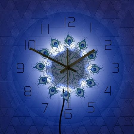 RXIRUCGD Wall Clock, LED Lights Transparent Wall Clock Peacock Feather Colorful Clock Vintage Bohemian Decorative Wall Clock,Blue