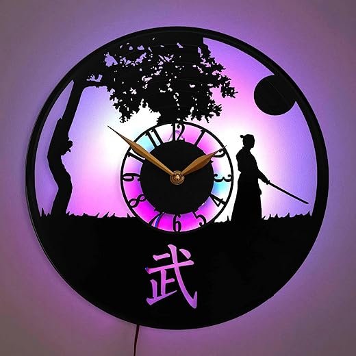Samurai LED Wall Clock – Japanese Martial Arts Decor, Unique Japan Gift with Calligraphy and Silhouette Design, Black