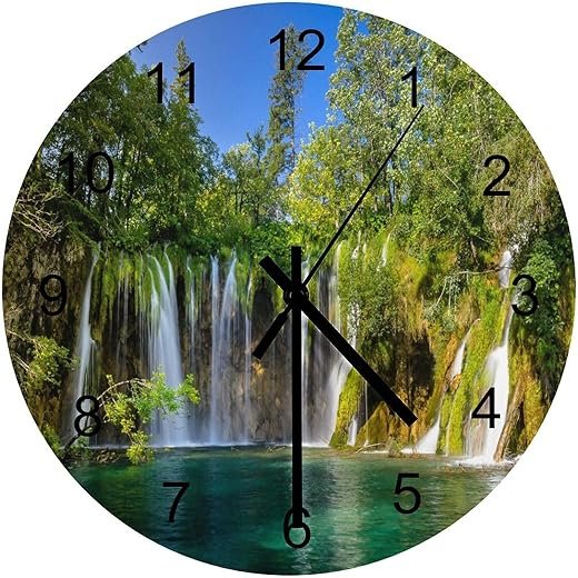 Scenic Nature Wall Clock Silent Non Ticking Battery Operated, Natural Falls Landscape Forest Tree Waterfall Scenery Clock Decorative for Bathroom Kitchen Bedroom Living Room(12 Inch)