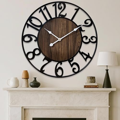 Secbeok 30 Inch Large Wall Clock for Living Room Bedroom Kitchen Mantel Decor, Battery Operated Decorative Quiet Ticking Metal Round Modern Farmhouse Arabic Numerals Big Clock Wall Decor