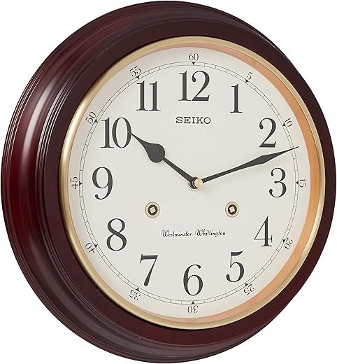Seiko 12 Inch Grain Finish Wall Clock with Numerals and Dual Quarter Hour Chimes