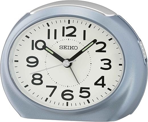 Seiko QHE193LLH Oval Non Ticking Bedroom Alarm Clock, Metallic Lt. Blue, 3.5 x 4.5 Inches