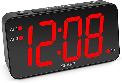 Sharp Digital Alarm Clock with Jumbo Numbers, Easy to See Large Numbers from Across Room with Simple Operation, Battery Back-up, Black Case with Red LED Display