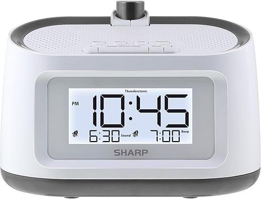 Sharp Projection Alarm Clock with Soothing Nature Sleep Sounds – Easy to Read Projection on Wall or Ceiling – 8 Sleep Sounds to Help Fall Asleep Faster, White Case with Gunmetal Trim