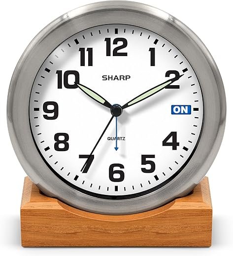 Sharp Silent Sweep Quartz Analog Desk Clock with Alarm Status Indicator on Dial, Brushed Metal Clock with Genuine Wood Stand, Great Gift for Home or Office
