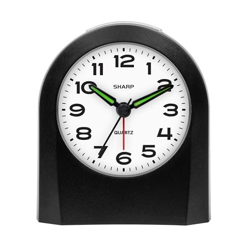 Sharp Small Battery Operated Analog Alarm Clock Silent No Ticking, Lighted on Demand and Snooze, Beep Sounds, Gentle Wake, Ascending Alarm