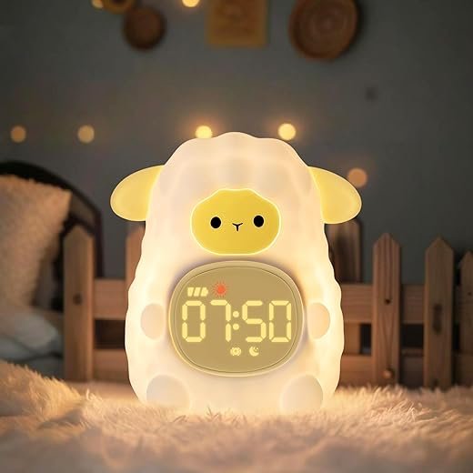 Sheep Alarm Clock with Night Light for Kids with Sleep Training and Sound Machine, Rechargeable Silicone Lamp OK to Wake Clock，Cute Animal Tabletop Lamp, Perfect Sleep Companion for Boys Girls
