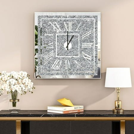 SHYFOY 24 Square Wall Clock, Modern Crushed Diamond Mirror Clock with Roman Numerals, Silent Non-Ticking Glass Wall Decor for Living Room