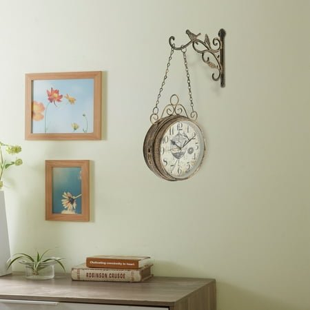 Silent Double-Sided Clock, Bronze Finish with Elegant Motifs, Battery Powered Operation, Suitable for Various Indoor Spaces